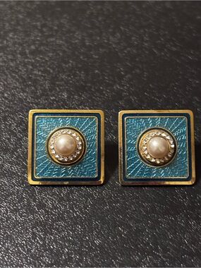 Square Teal Enamel Earrings Faux‎ Pearl and Crystal Halo Accents Nuri